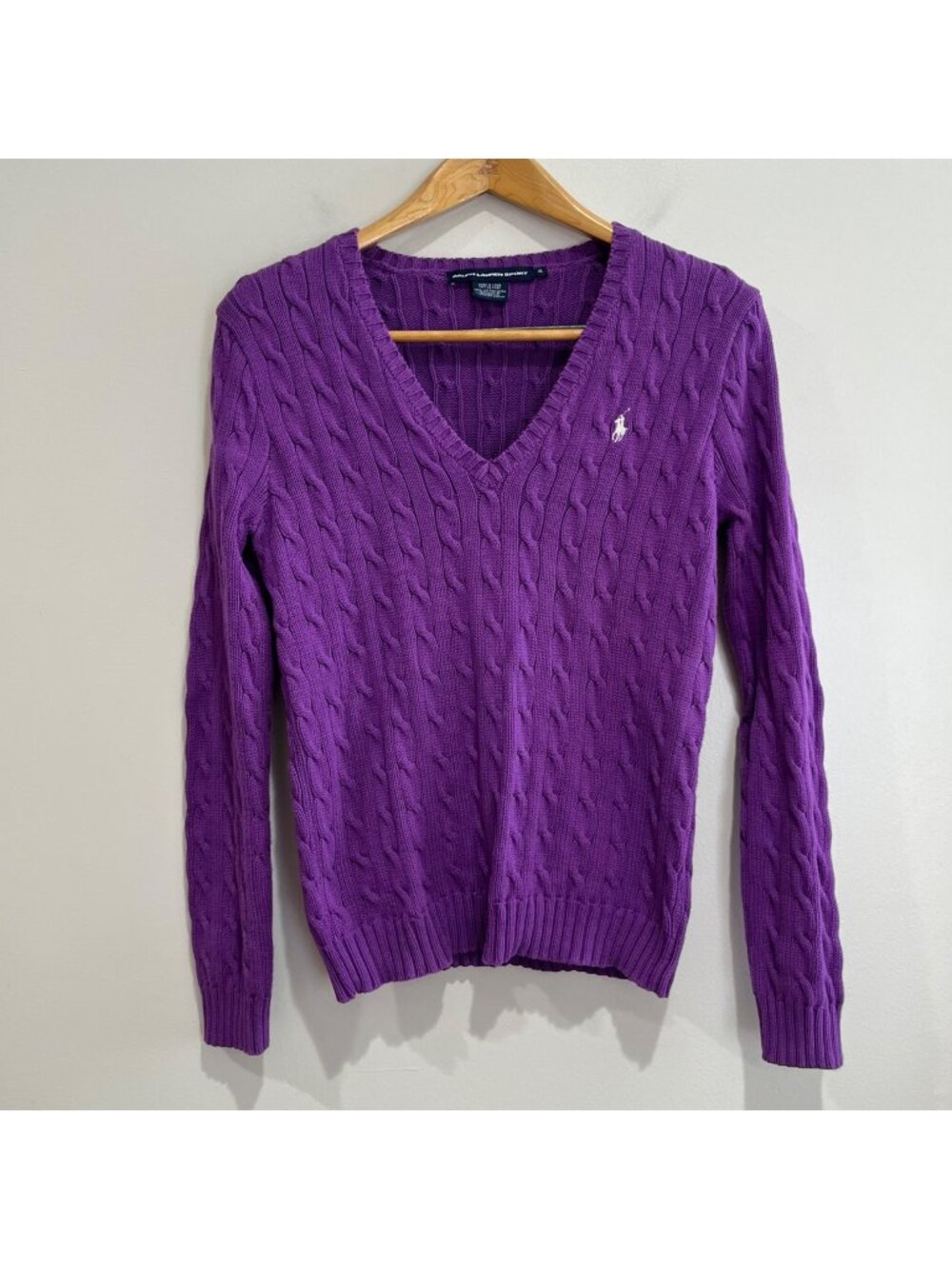 Ralph Lauren Sport Cable Knit V-Neck Sweater Womens XL Purple 100% Cotton Preppy